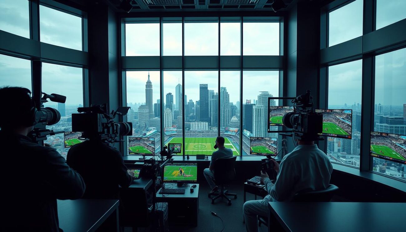 A sports broadcast studio in a state-of-the-art IPTV facility, with panoramic windows overlooking a bustling city skyline. Sleek, modern equipment and monitors displaying live sports events. Subdued lighting creates a high-tech, professional atmosphere. Camera operators and technicians work seamlessly, capturing the energy of the live action. The room has a palpable sense of anticipation, as viewers eagerly await the start of the live broadcast. A dynamic, immersive scene that captures the excitement of sports in the era of IPTV streaming.