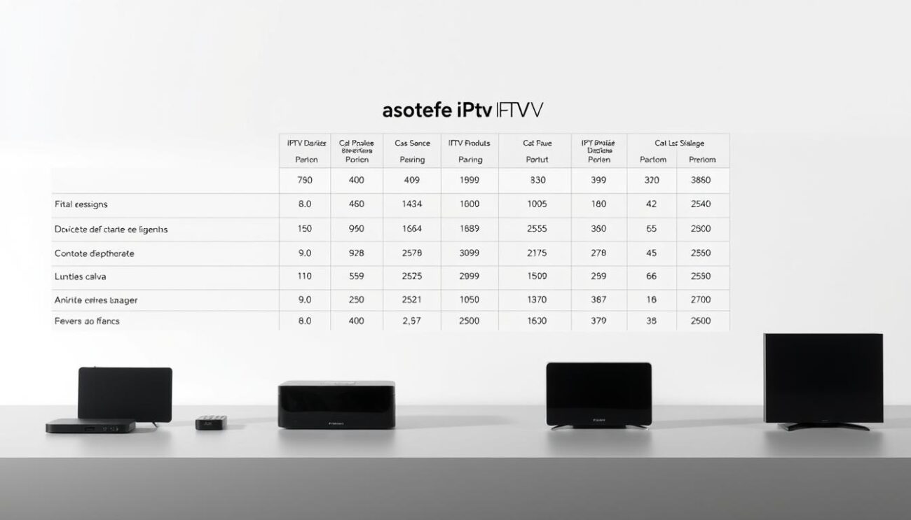 Comparatif des offres IPTV pas cher in 2025: a detailed, clean-lined table showcasing the latest IPTV packages and their corresponding pricing, presented against a minimalist backdrop of soft grays and whites. The foreground features crisp, evenly lit product shots of various IPTV devices, each casting subtle shadows that ground them in the scene. The middle ground displays the comparative data in a legible, well-organized layout, utilizing clear typography and strategic use of color to highlight key details. The background maintains a sense of tranquility, allowing the central information to take visual precedence. The overall mood is one of professionalism, clarity, and an emphasis on the practical details consumers would need to make an informed IPTV purchasing decision.